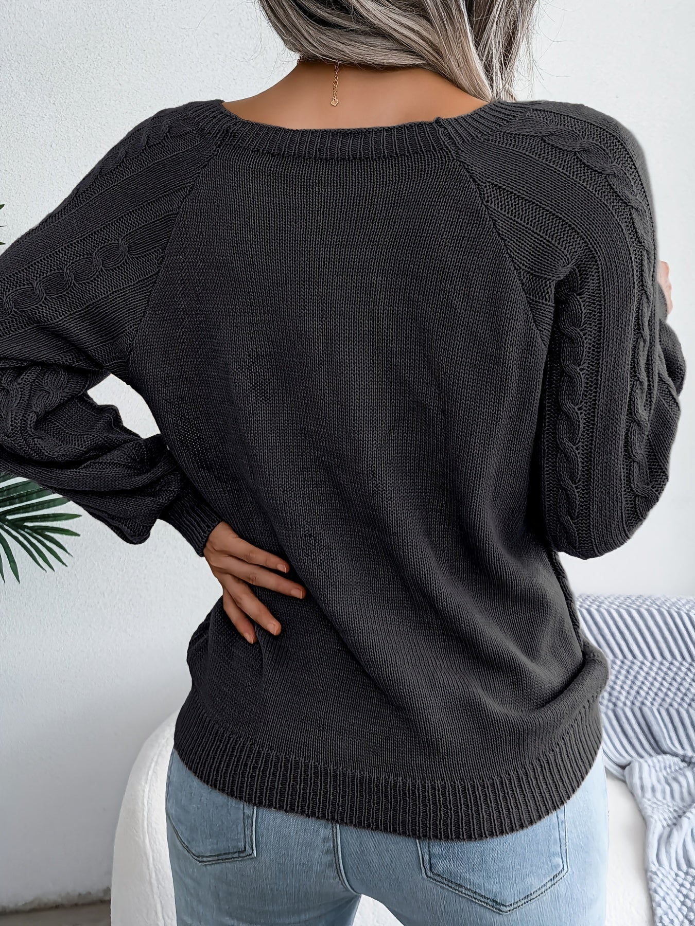Cozy Women's Sweater with Textured Button Lantern Sleeves