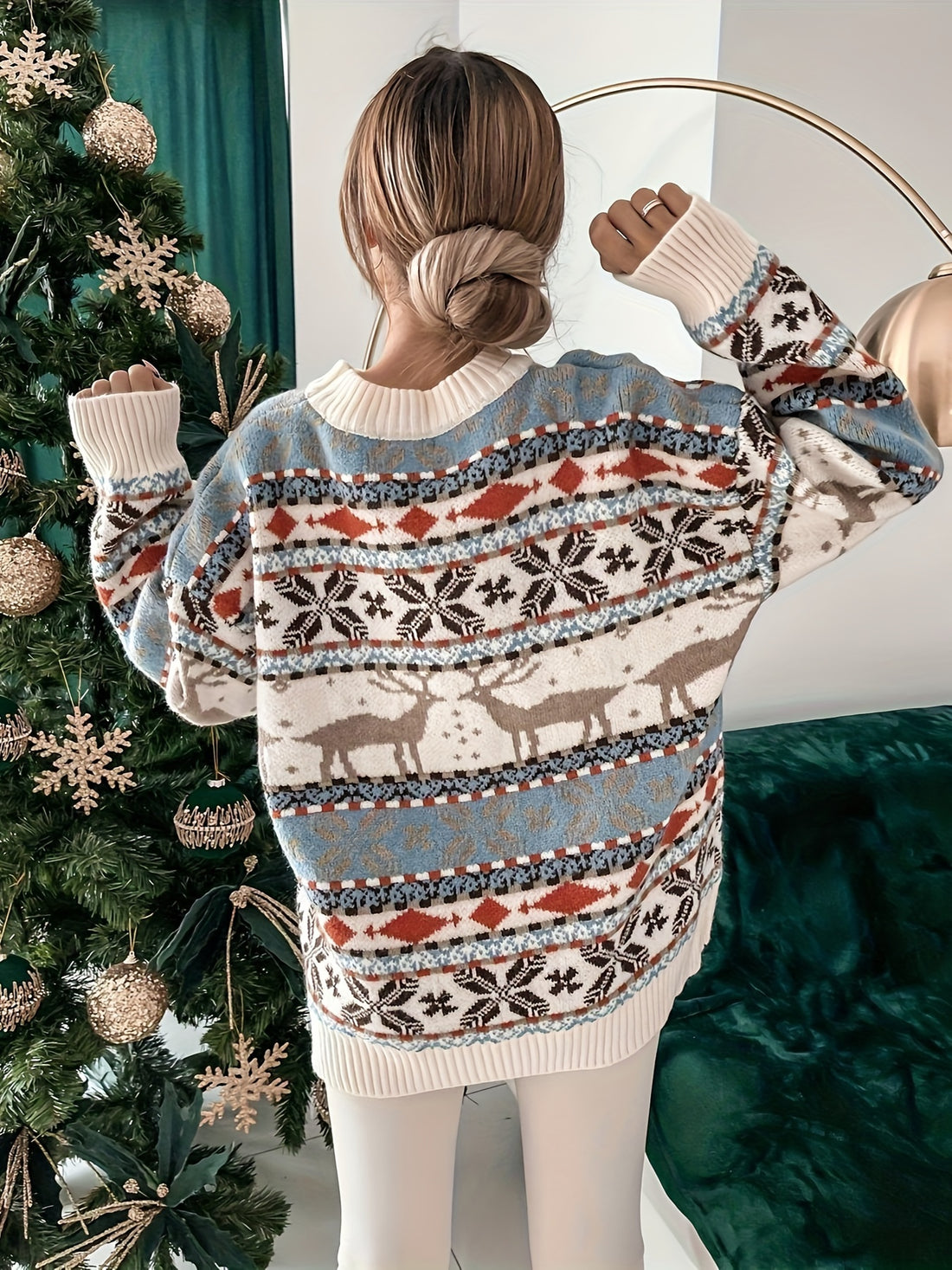 Cozy Christmas Deer Pattern Knitted Sweater, Casual Crew Neck Long Sleeve Pullover Sweater