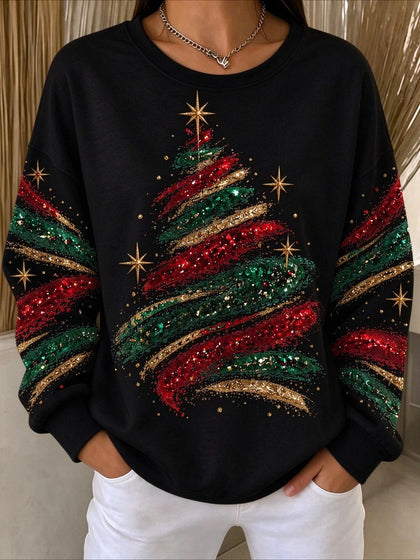 Crew Neck Long Sleeve Vintage Sparkly Christmas Tree Sweatshirt