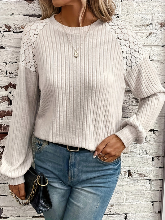 Lace Panel Ribbed Knit T-Shirt, Casual Crew Neck Long Sleeve T-Shirt