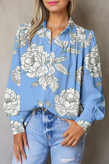 Sky Blue Floral Print Button Up Pleated Detail Puff Sleeve Shirt