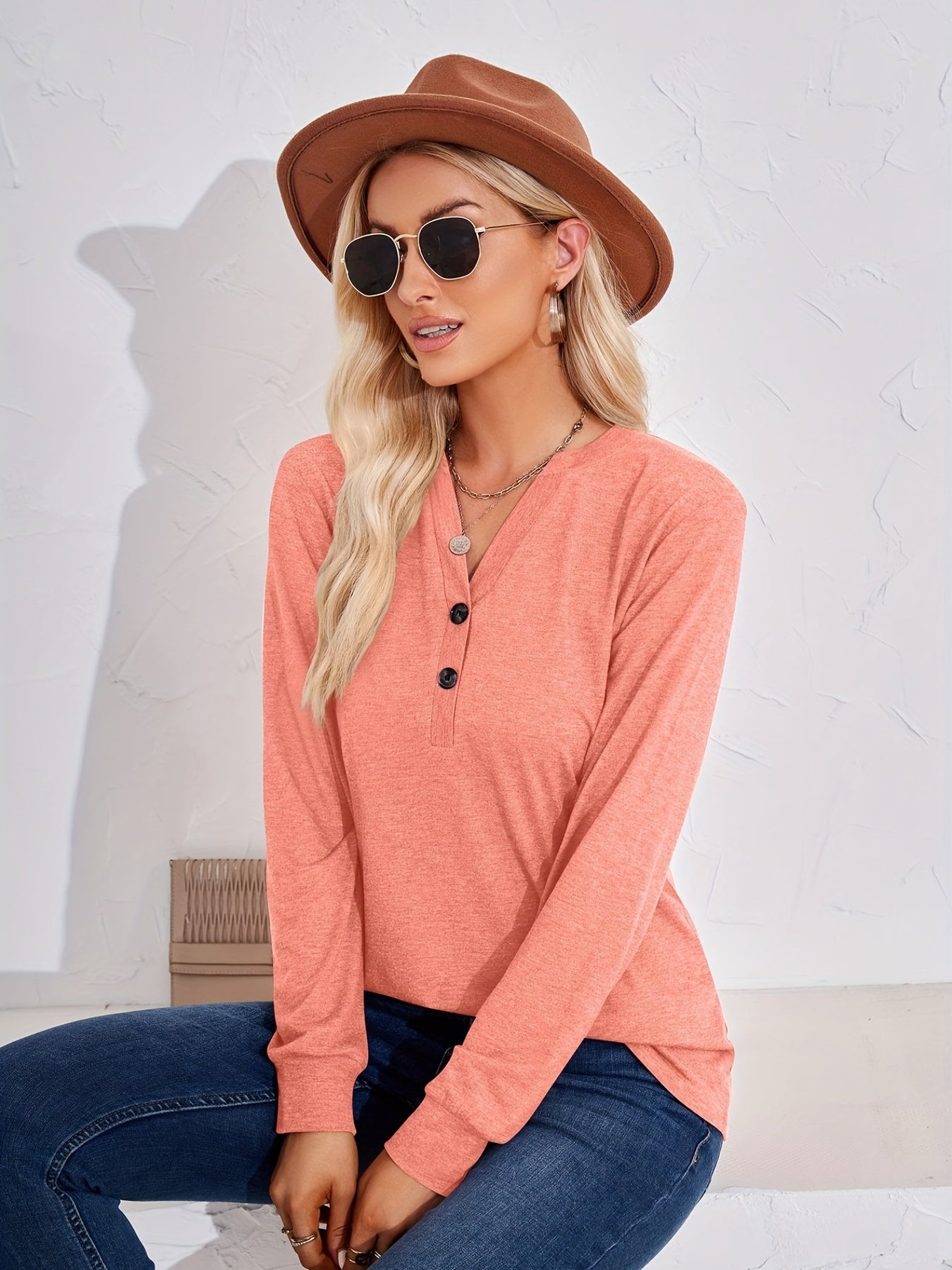 Solid Long Sleeve Button Decor Notched Neck Slight Stretch Tee