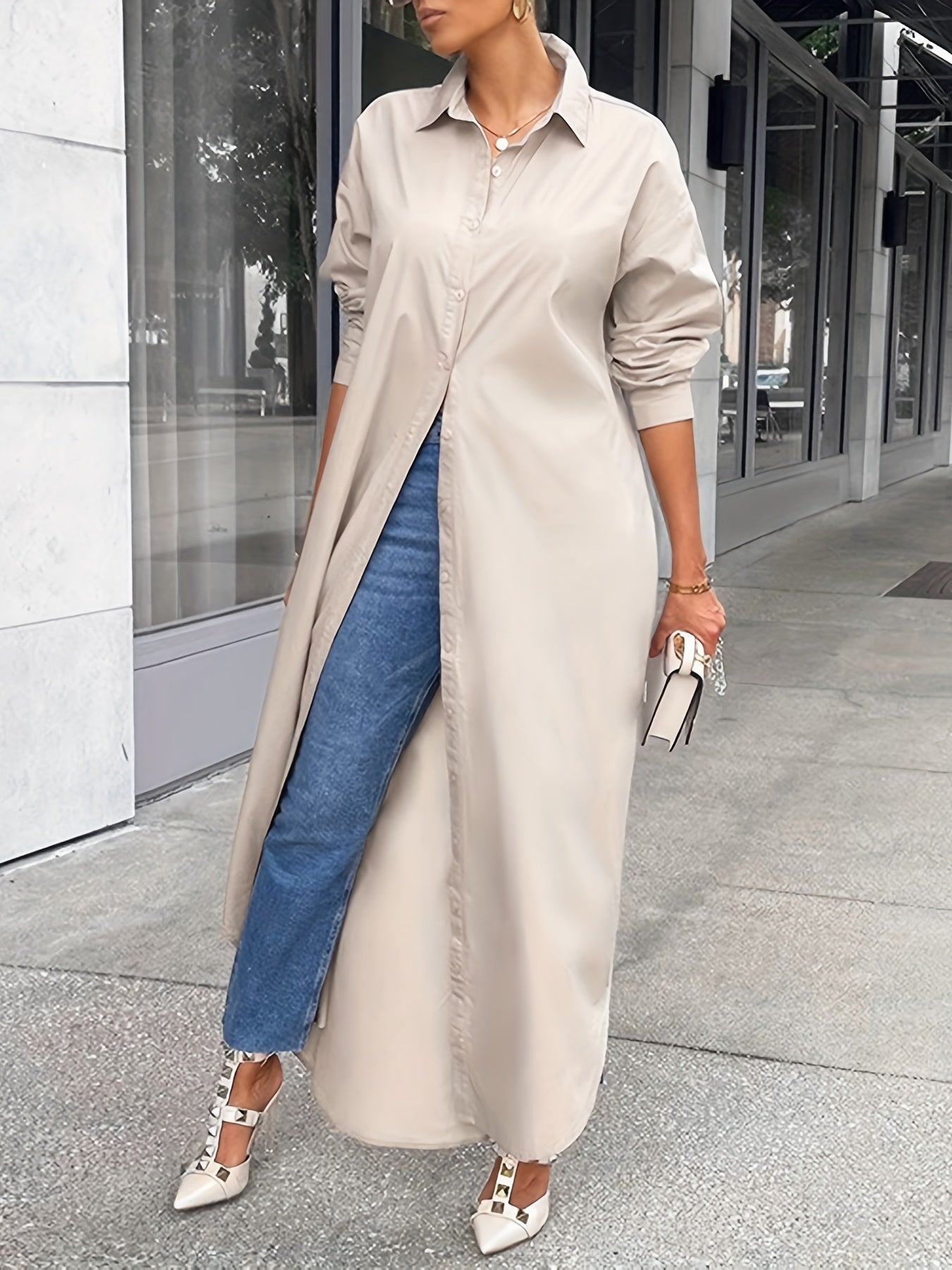 Longline Button Front Shirt, Casual Long Sleeve Shirt