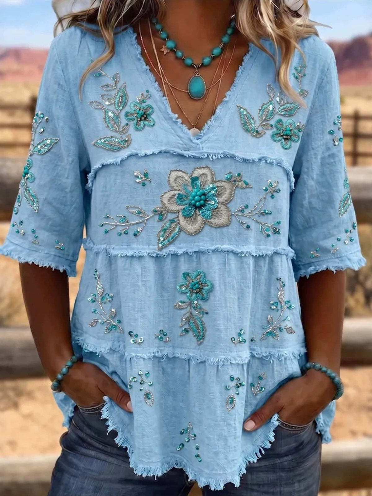 V Neck Floral Print Tiered Blouse with Frayed Trim