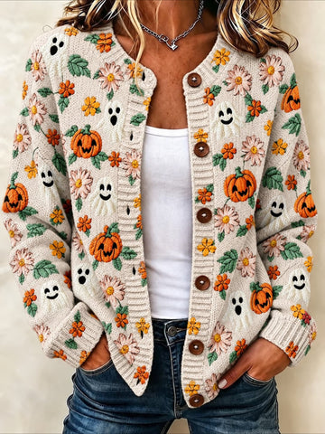Halloween Crew Neck Long Sleeve Printed Cardigan Sweater