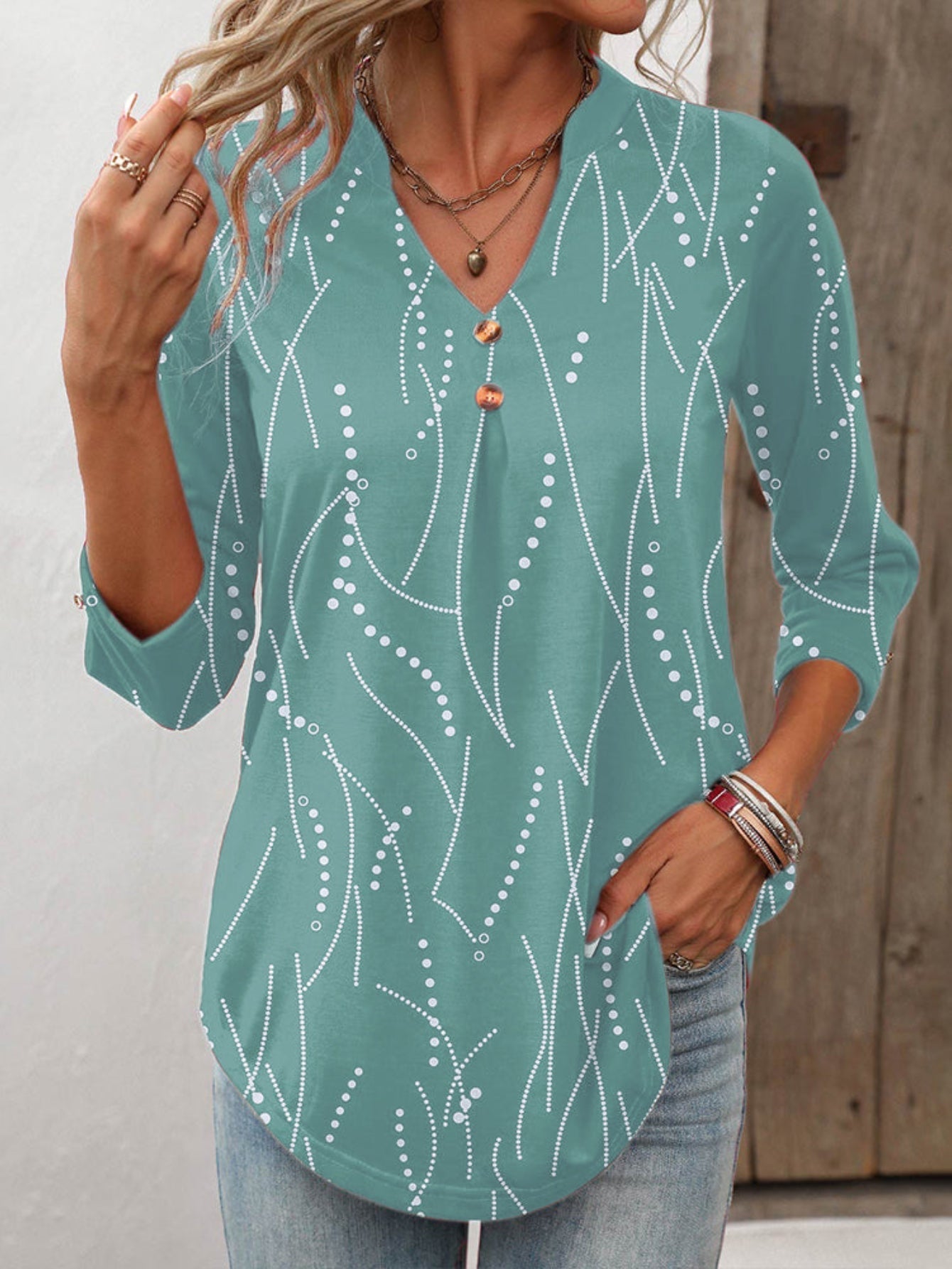Button Print and V-neck 3/4 Sleeve Elegant Top
