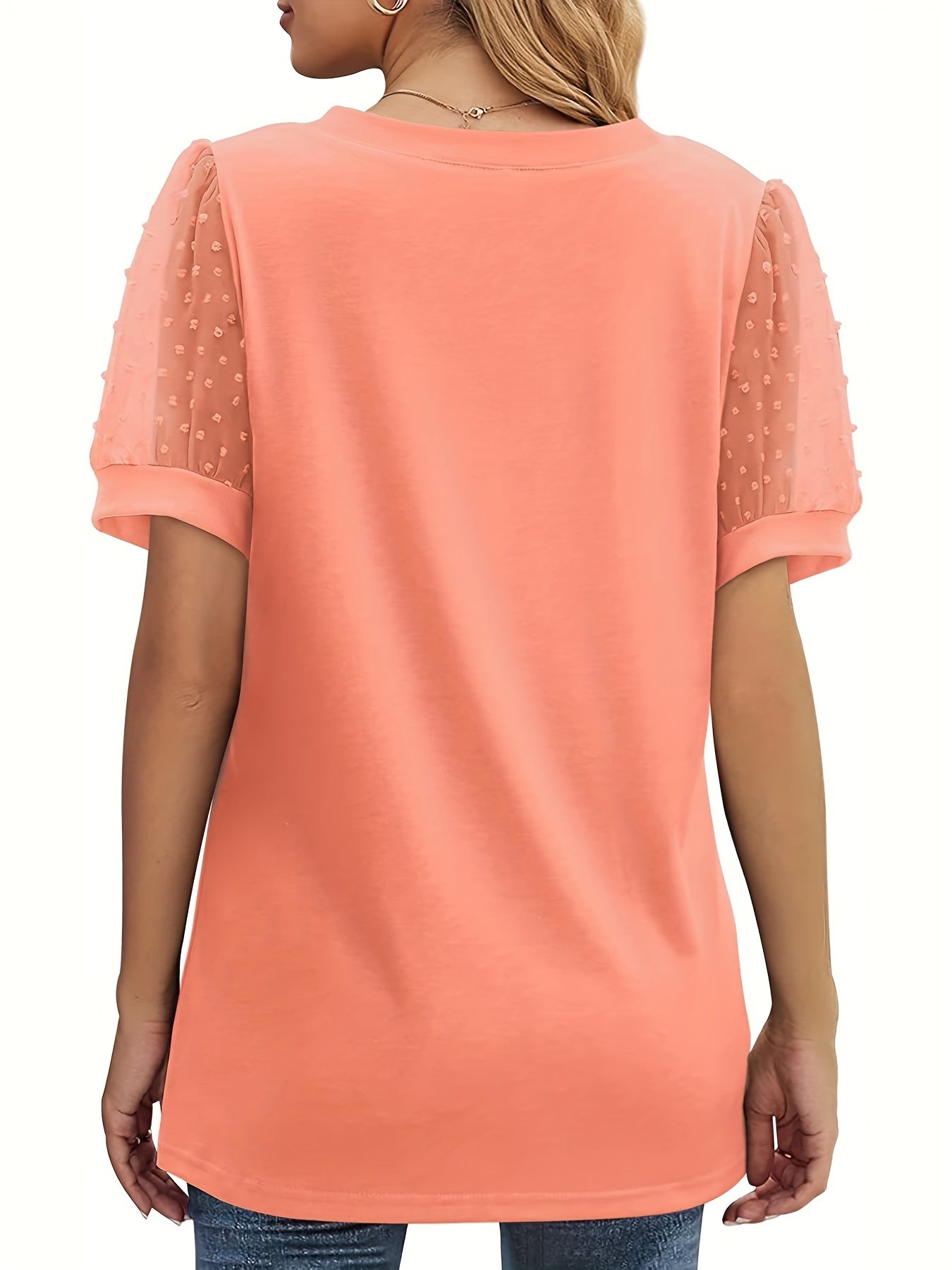 Swiss Dot Mesh V Neck T-Shirt, Casual Short Sleeve T-Shirt