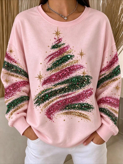 Crew Neck Long Sleeve Vintage Sparkly Christmas Tree Sweatshirt