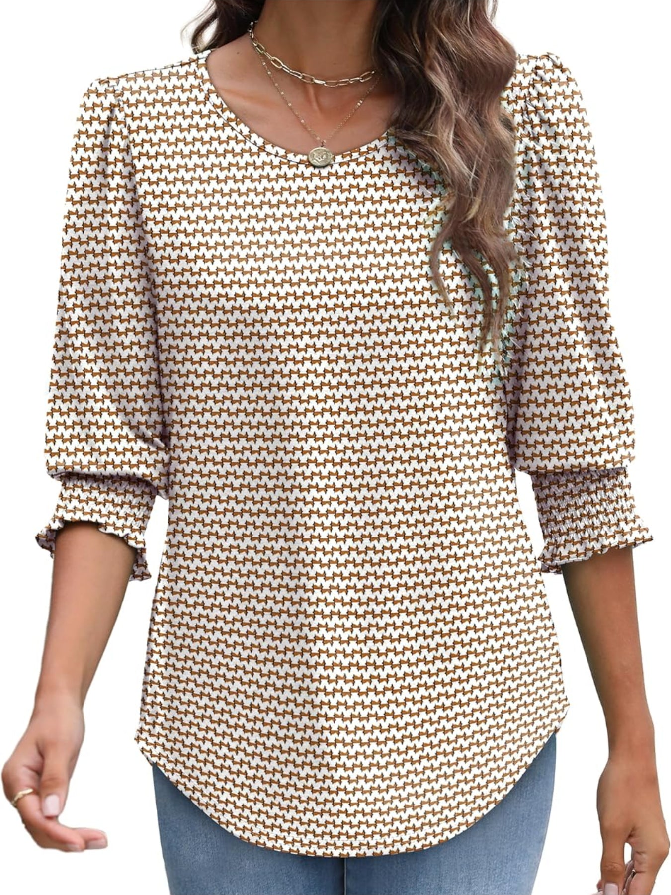 Casual 3/4 Length Sleeve Blouses with Smocked Cuffs