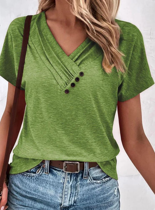 Solid Color Short Sleeevs Mid Length Button Decor V Neck Pullover T-Shirt