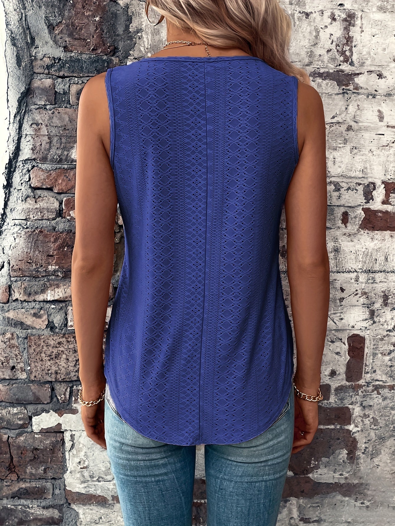 Eyelet Solid Tank Top, Casual V Neck Summer Sleeveless Top
