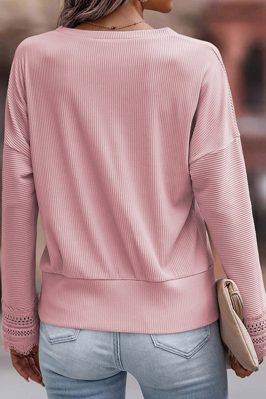 Pink Ribbed Texture Lace Trim V Neck Long Sleeve Top