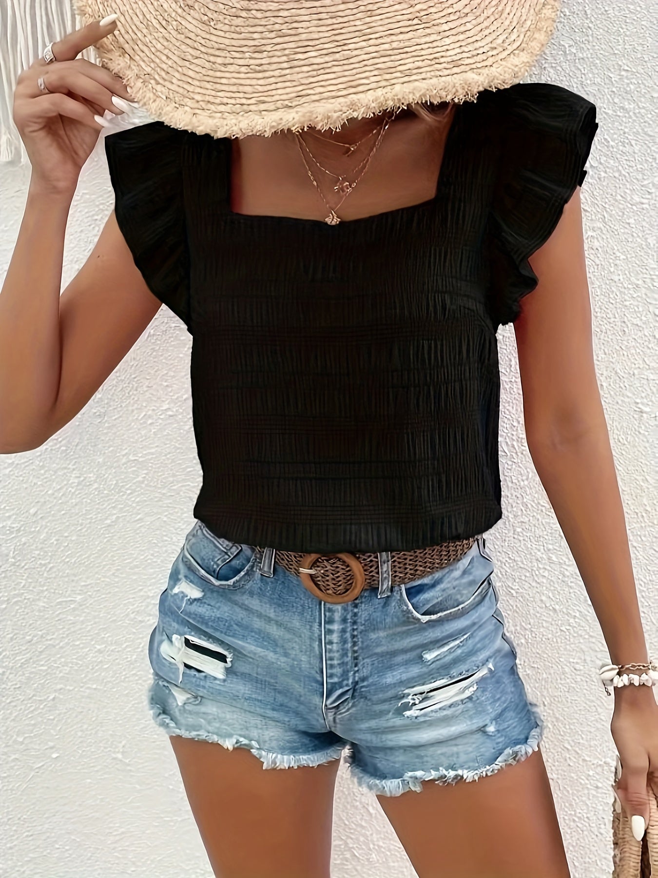 Ruffle Trim Solid Blouse, Elegant Squared Neck Versatile Blouse