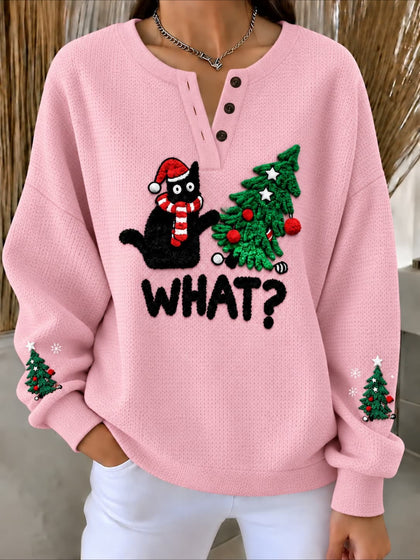 What?” Christmas Cat Textured-Knit Henley Sweatshirt