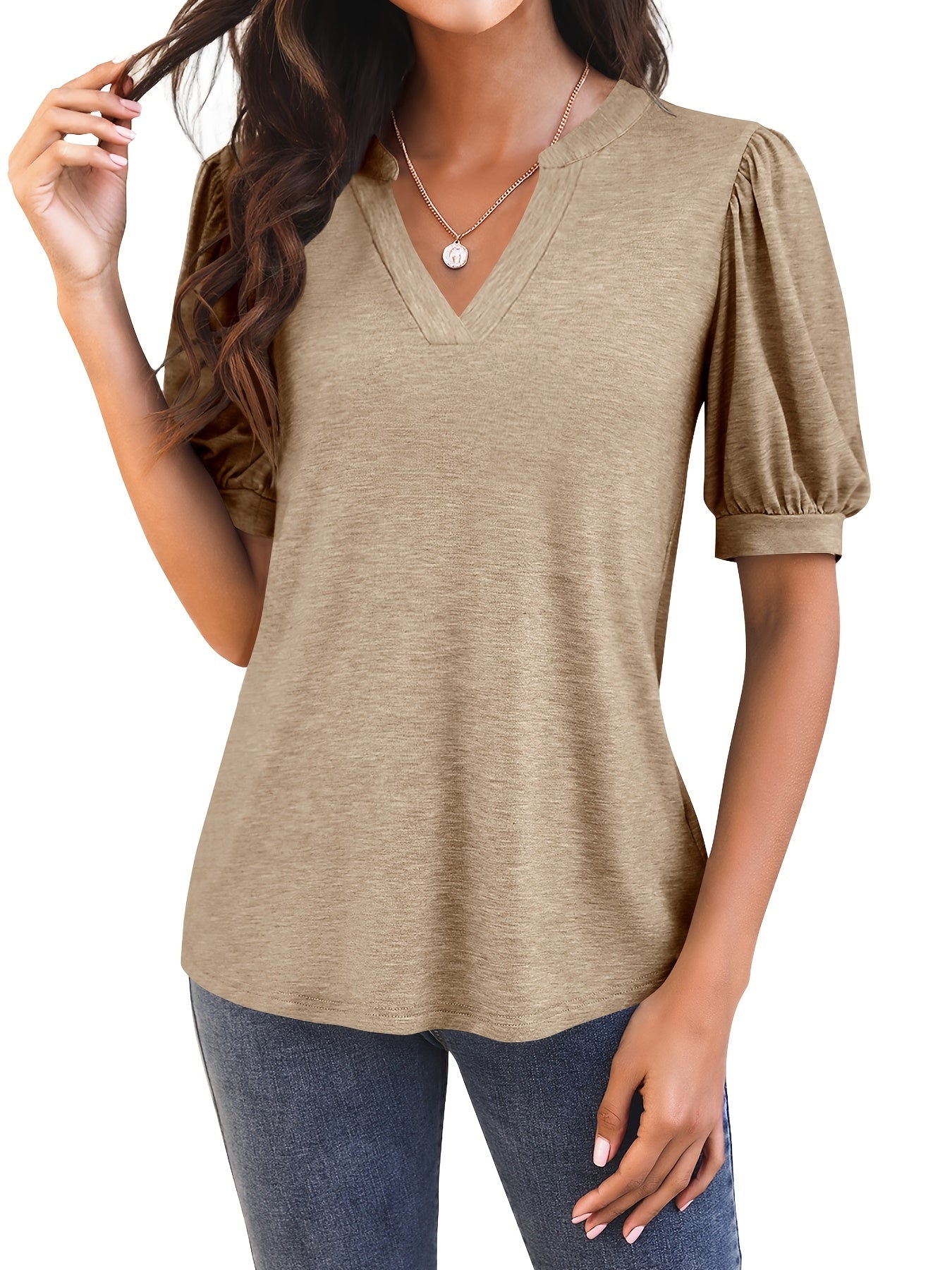 Solid Puff Sleeve T-Shirt, V Neck Short Sleeve T-Shirt, Casual Every Day Tops