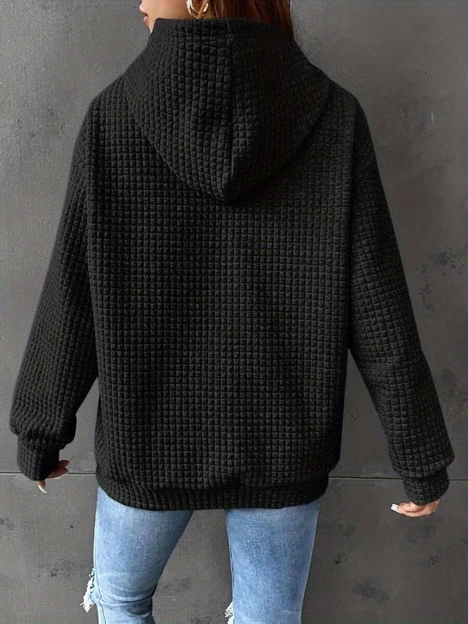 Waffle Grid Kangaroo Pocket Hoodie, Casual Long Sleeve Drawstring Hoodies Sweatshirt