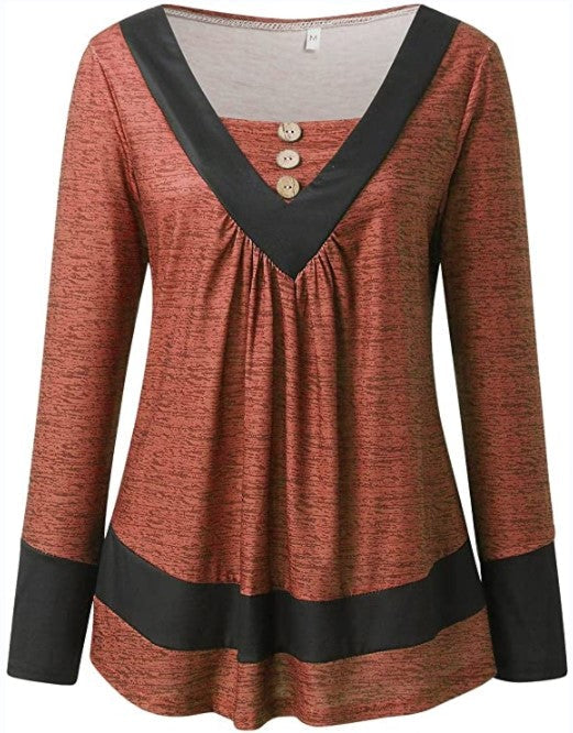 Color Block Button T-Shirt, V Neck Long Sleeve T-Shirt, Casual Every Day Tops