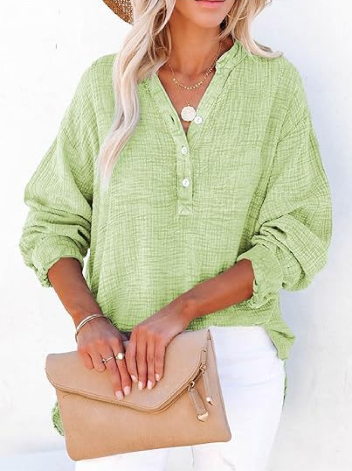Long Sleeve Button Solid Color Pleated Detail Casual Oversized V-Neck Blouse