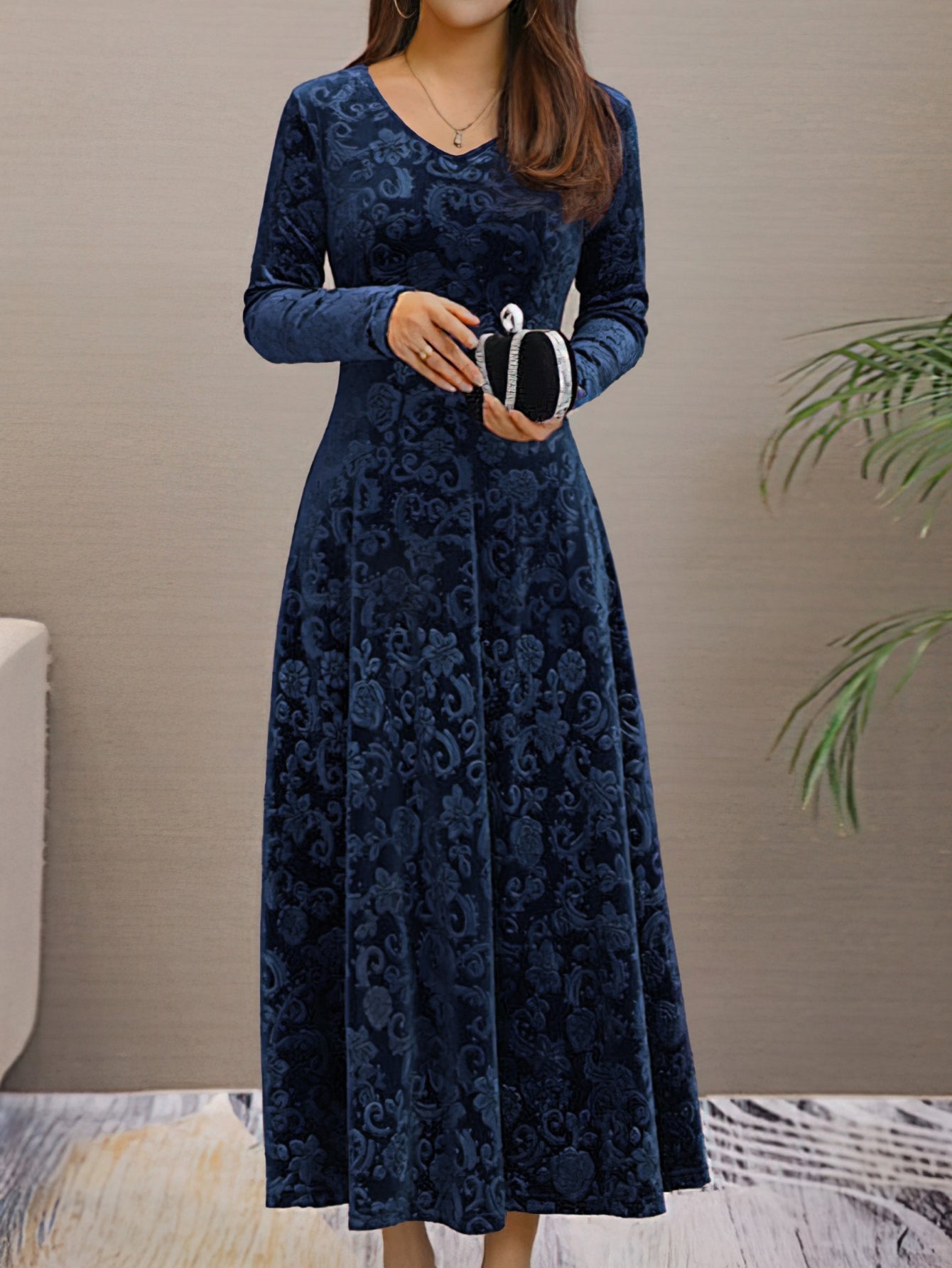 Solid Color Long Sleeve Dress, Elegant V Neck Flared Dress