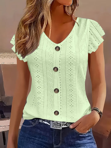 Elegant V-Neck Short Sleeve T-Shirt With Decorative Buttons