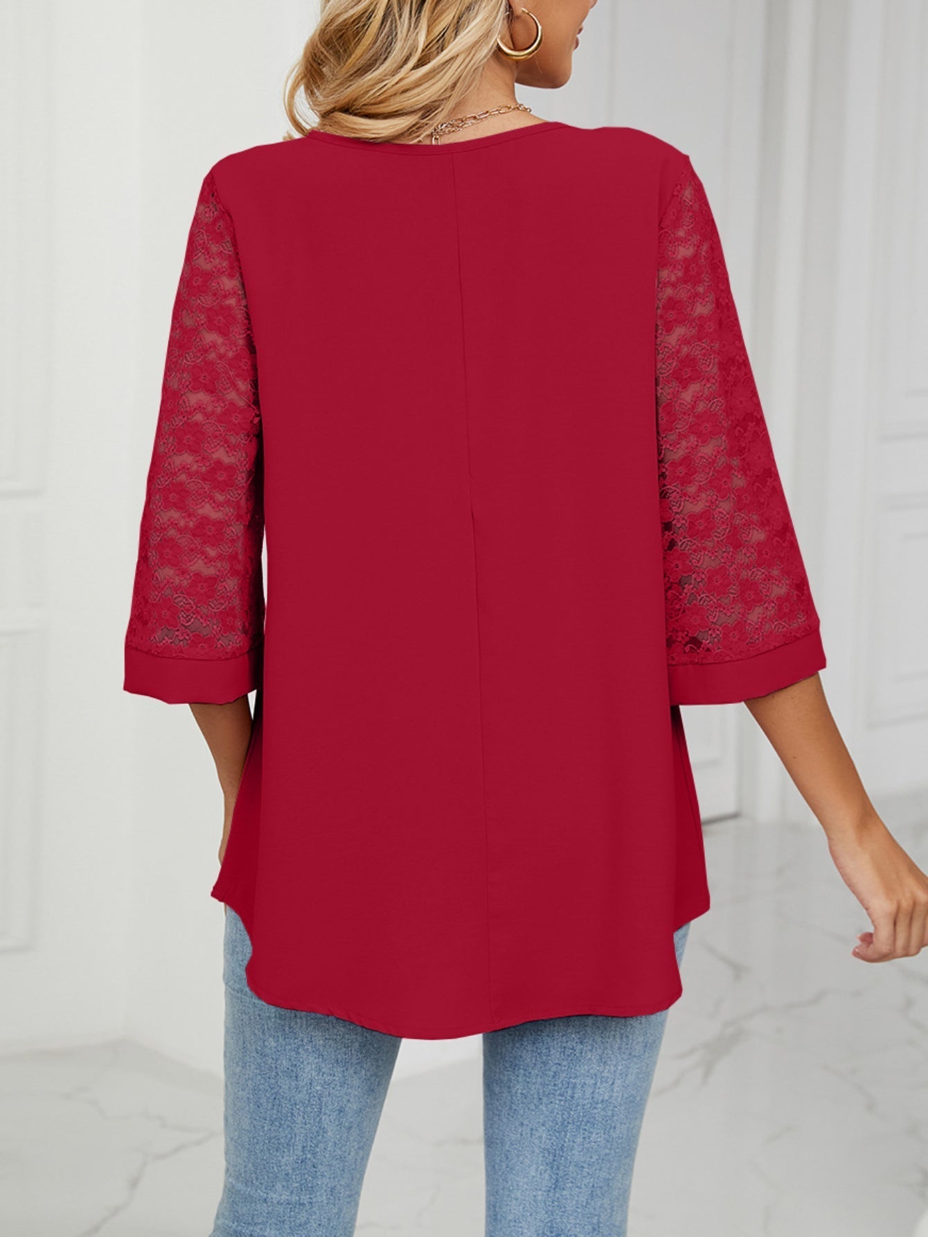 Casual 3/4 Sleeve Lace Chiffon Solid T-Shirt