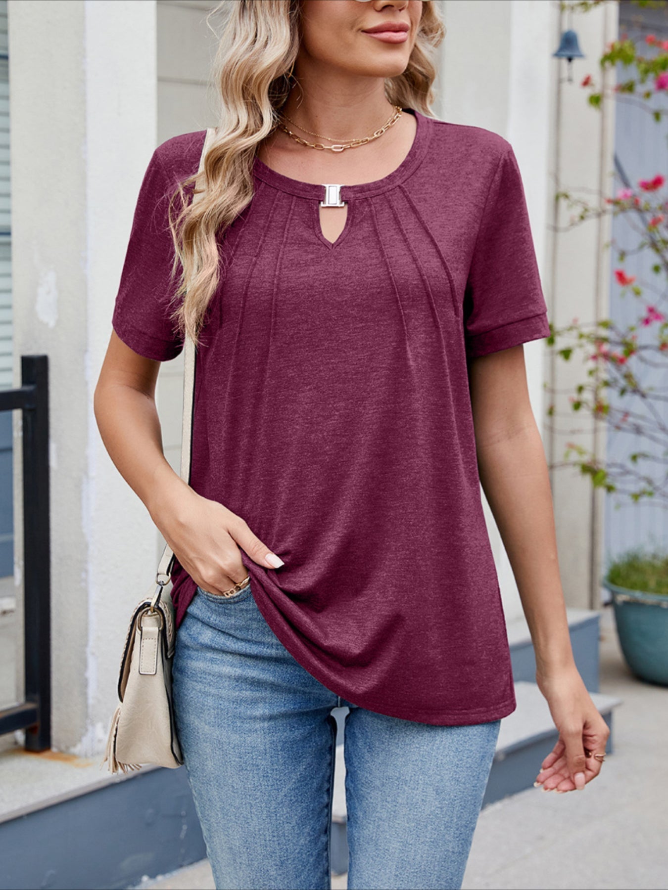 Cut Out Short Sleeve Round Neck T Shirt