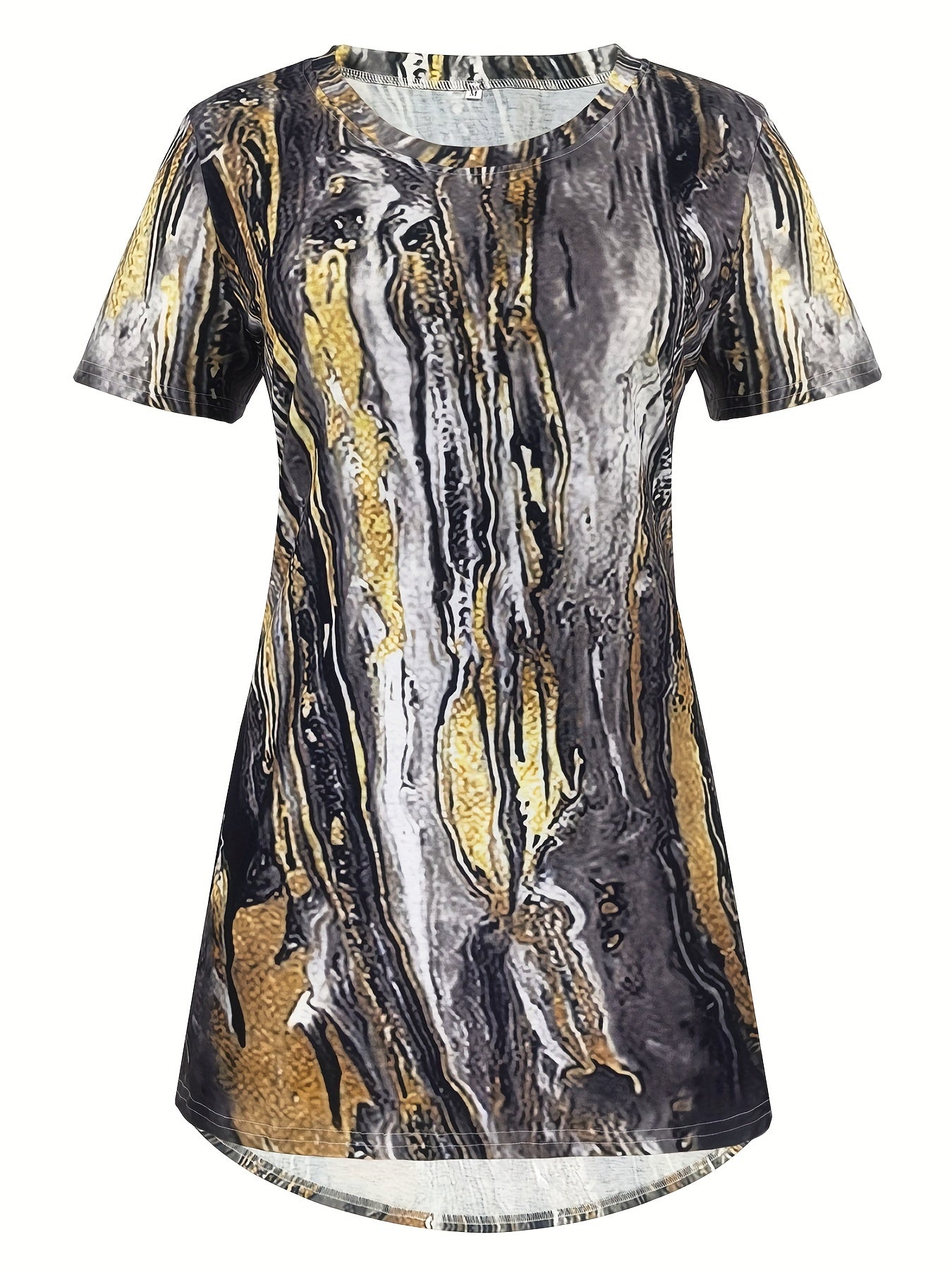 Marble Print Crew Neck T-shirt, Casual Short Sleeve Summer Mid Length T-shirt