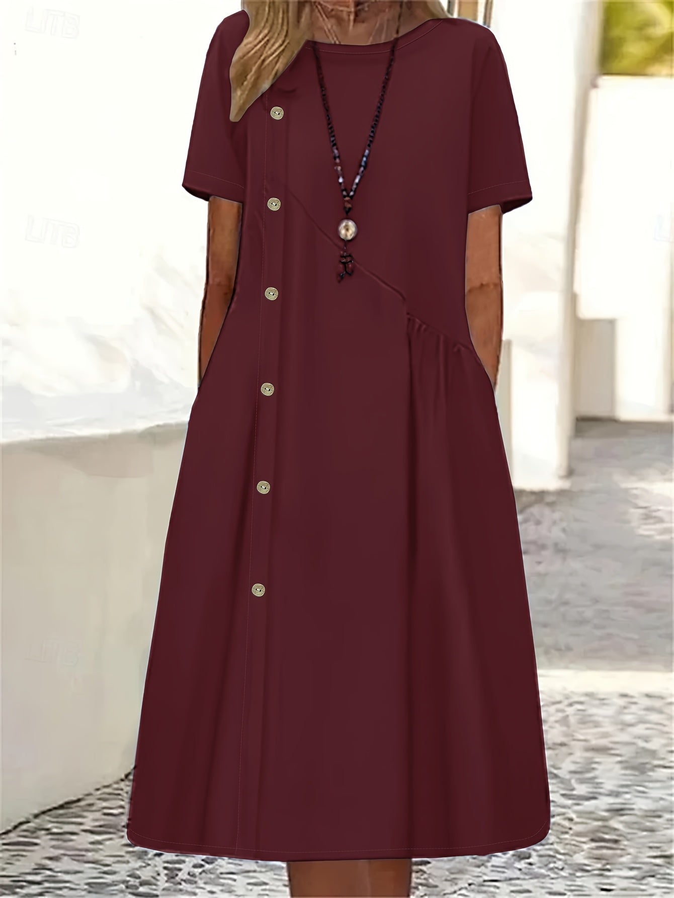 Polyester Women's Summer Dress | Light Blue Casual A-Line Mini with Decorative Buttons
