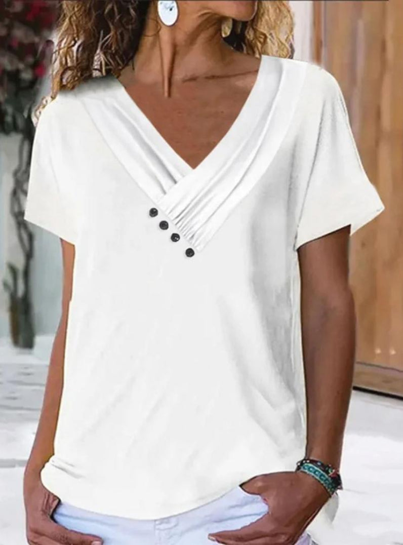 Solid Color Short Sleeevs Mid Length Button Decor V Neck Pullover T-Shirt