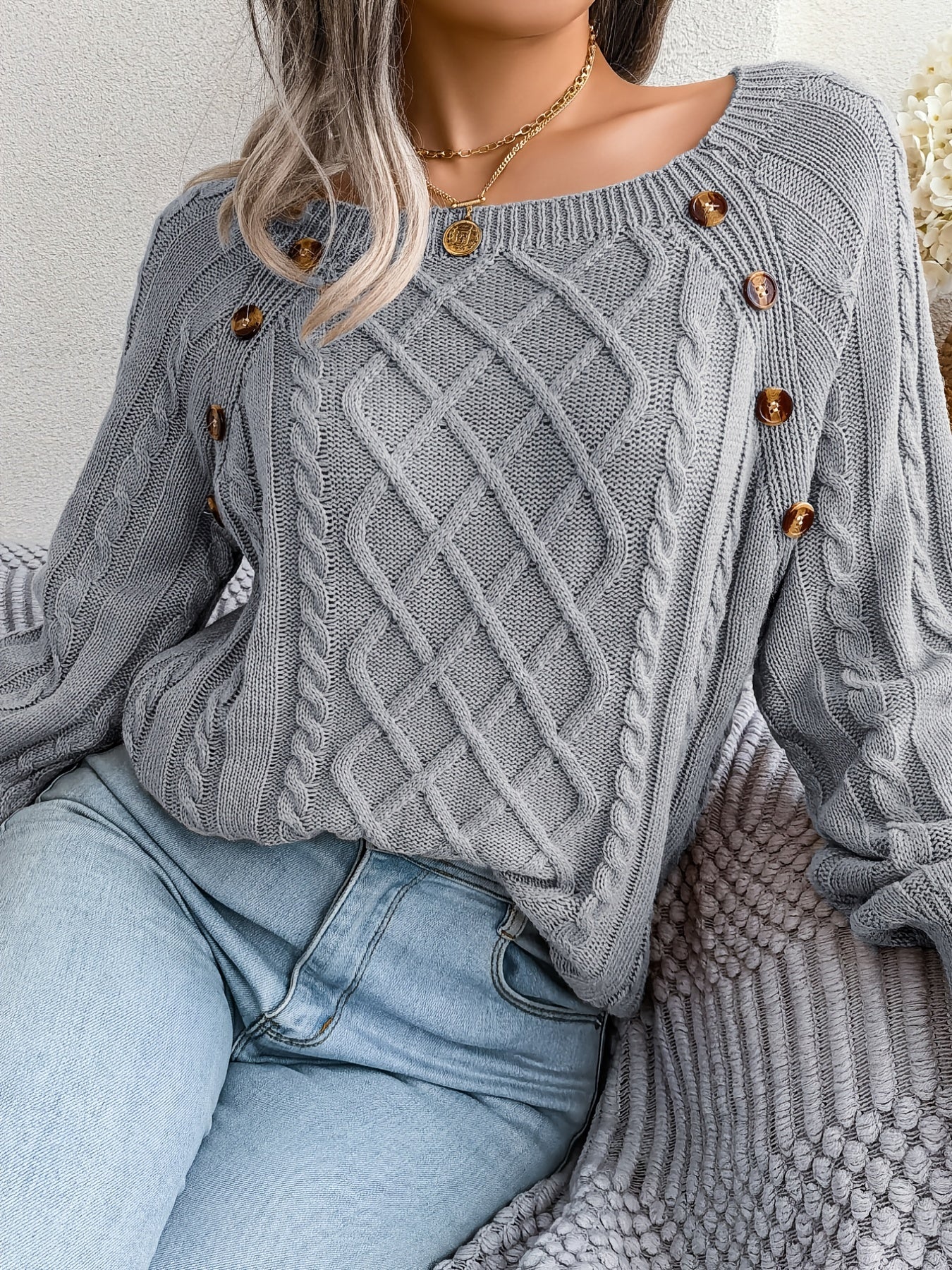 Cozy Women's Sweater with Textured Button Lantern Sleeves