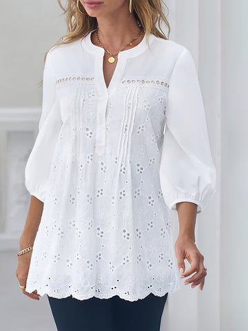 Solid Embroidery Eyelet Blouse, Vacation Notched Neck 3/4 Sleeve Blouse