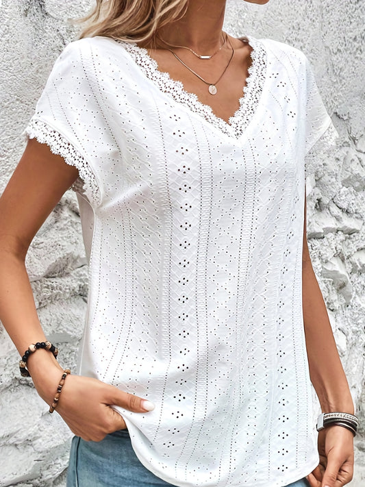 Elegant T-shirt, Women's Eyelet Embroidery Contrast Lace Trim V Neck Short Sleeve Slight Stretch T-shirt