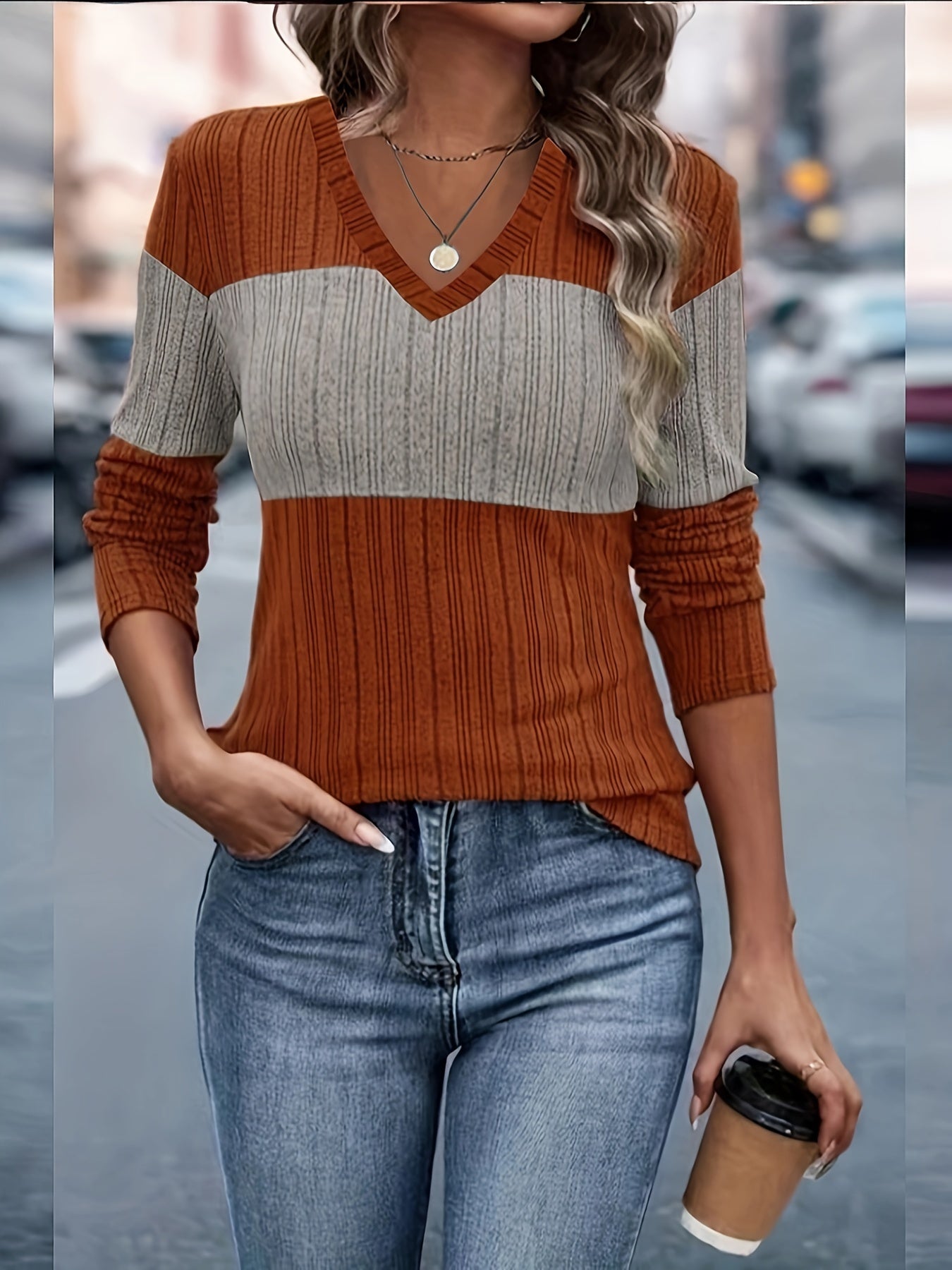 Ribbed Color Block V Neck T-Shirt, Elegant Long Sleeve T-Shirt