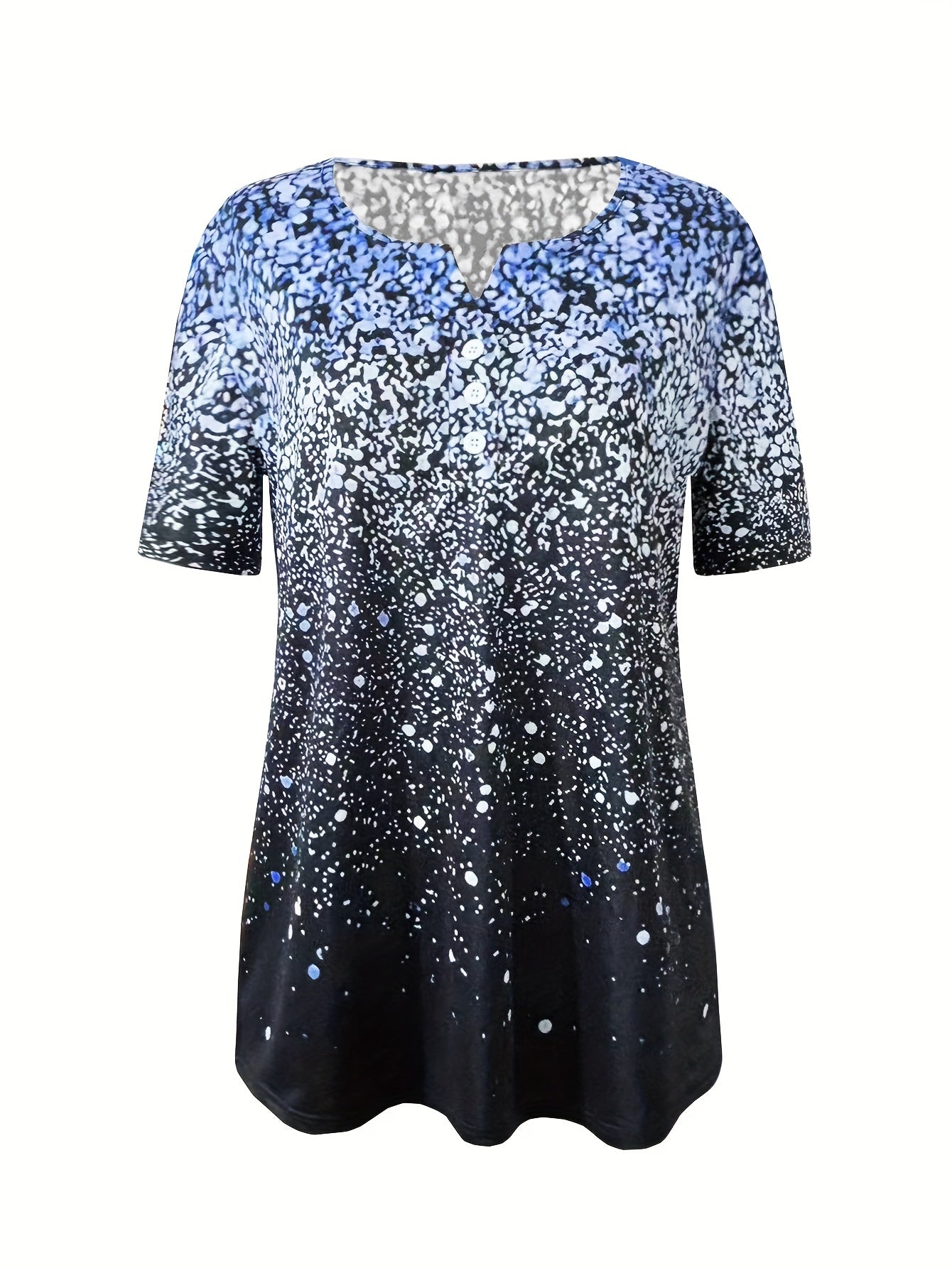 Graphic Print Notched Neck T-Shirt, Casual Short Sleeve Button Front T-Shirt