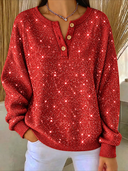 Christmas Button Crew Neck Long Sleeve Sweater