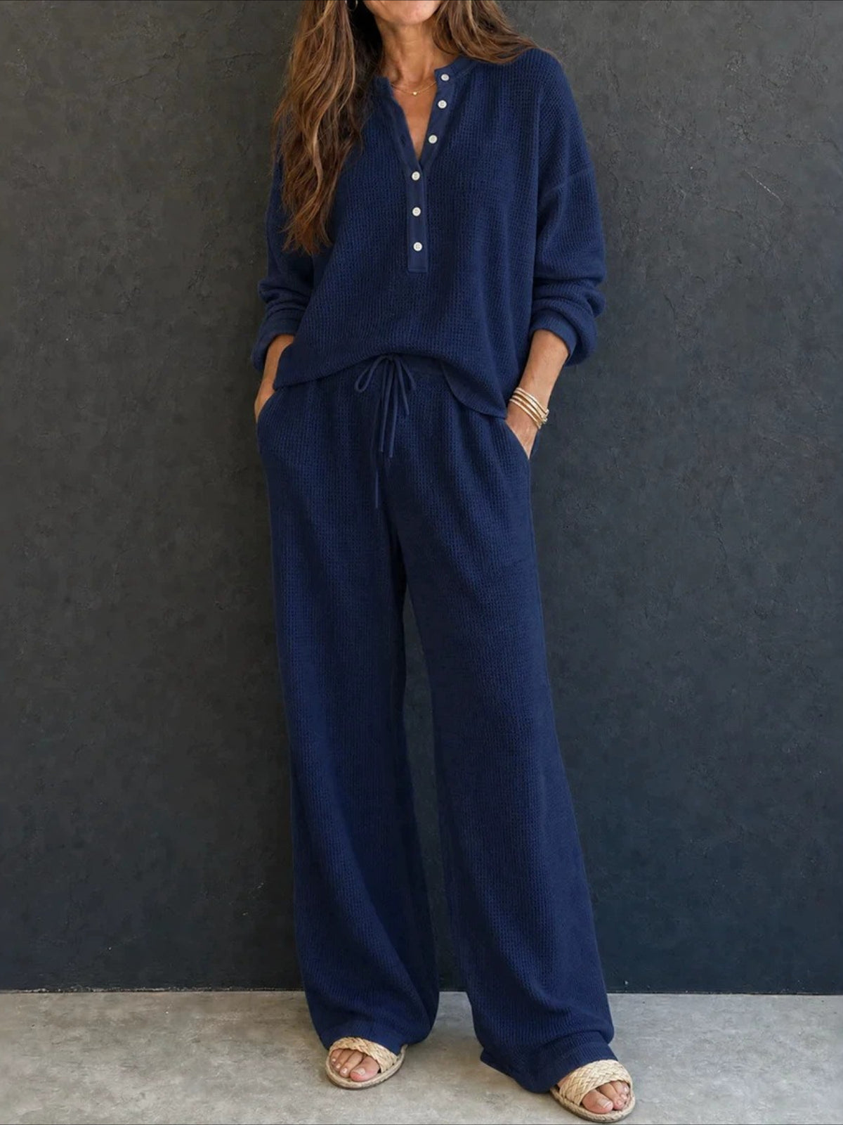 Waffle Knit Button Detail Top and Pants Set