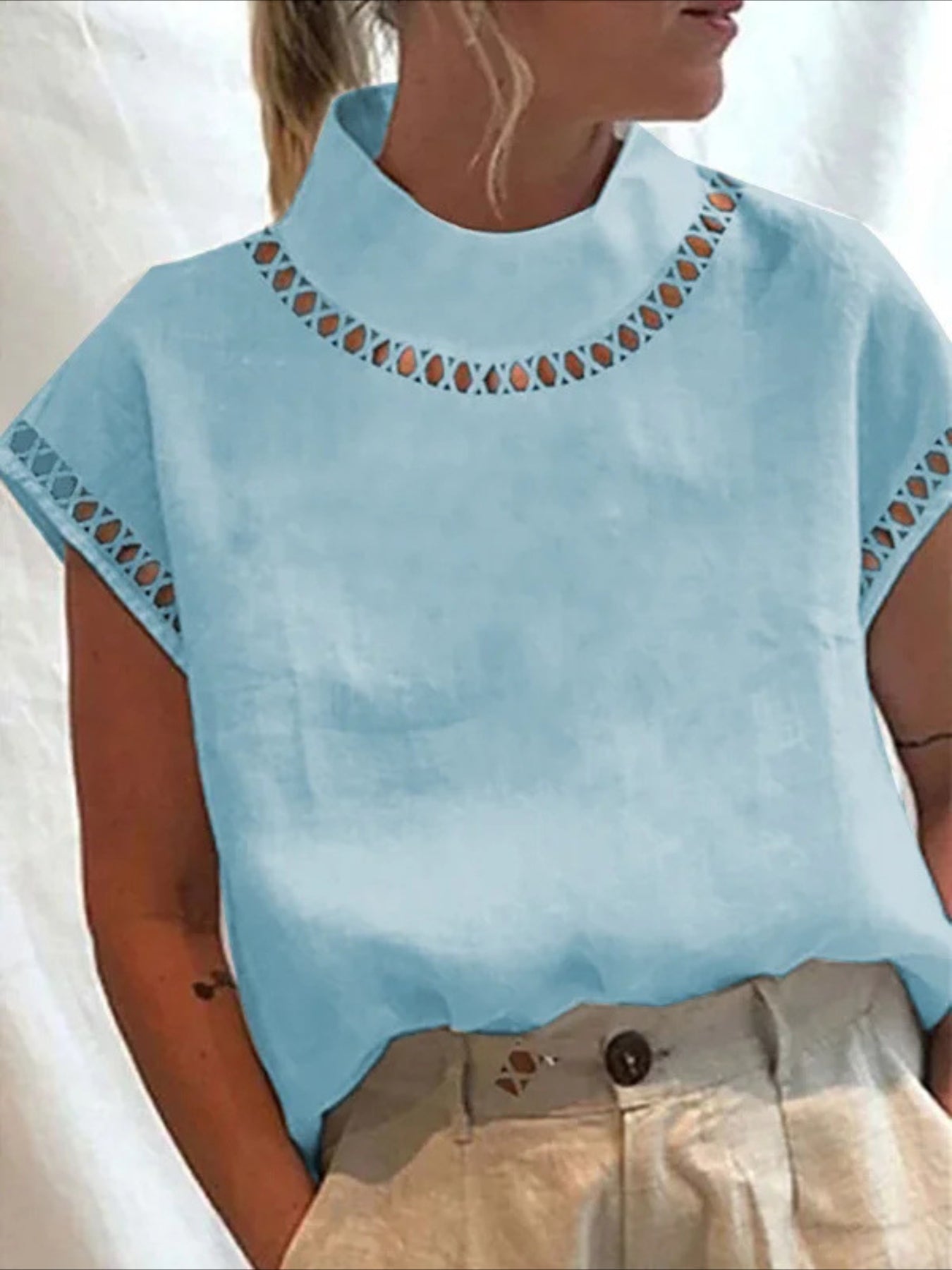 Solid Color Basic Casual Short Sleeve High Neck Regular Tops