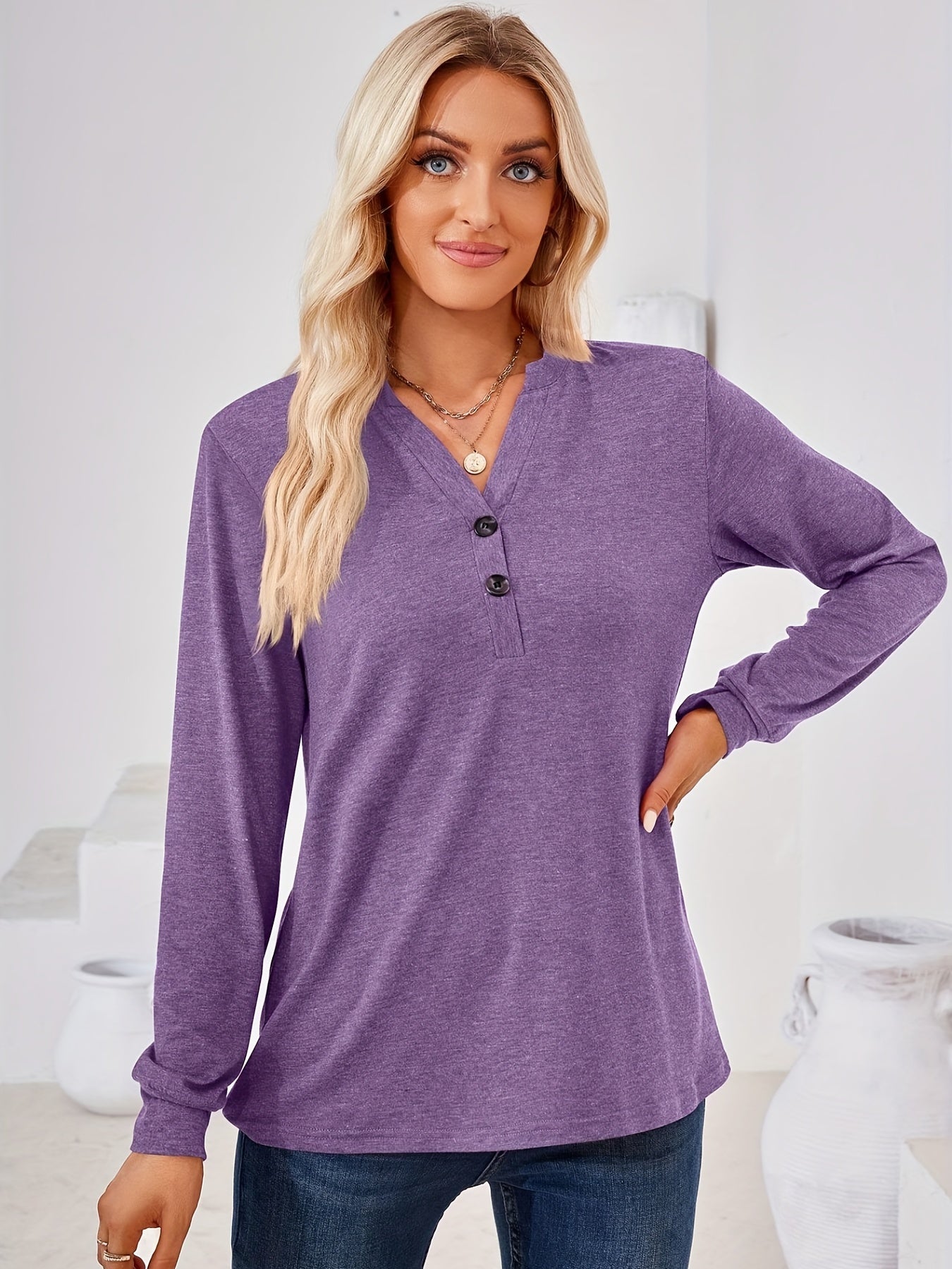 Solid Long Sleeve Button Decor Notched Neck Slight Stretch Tee