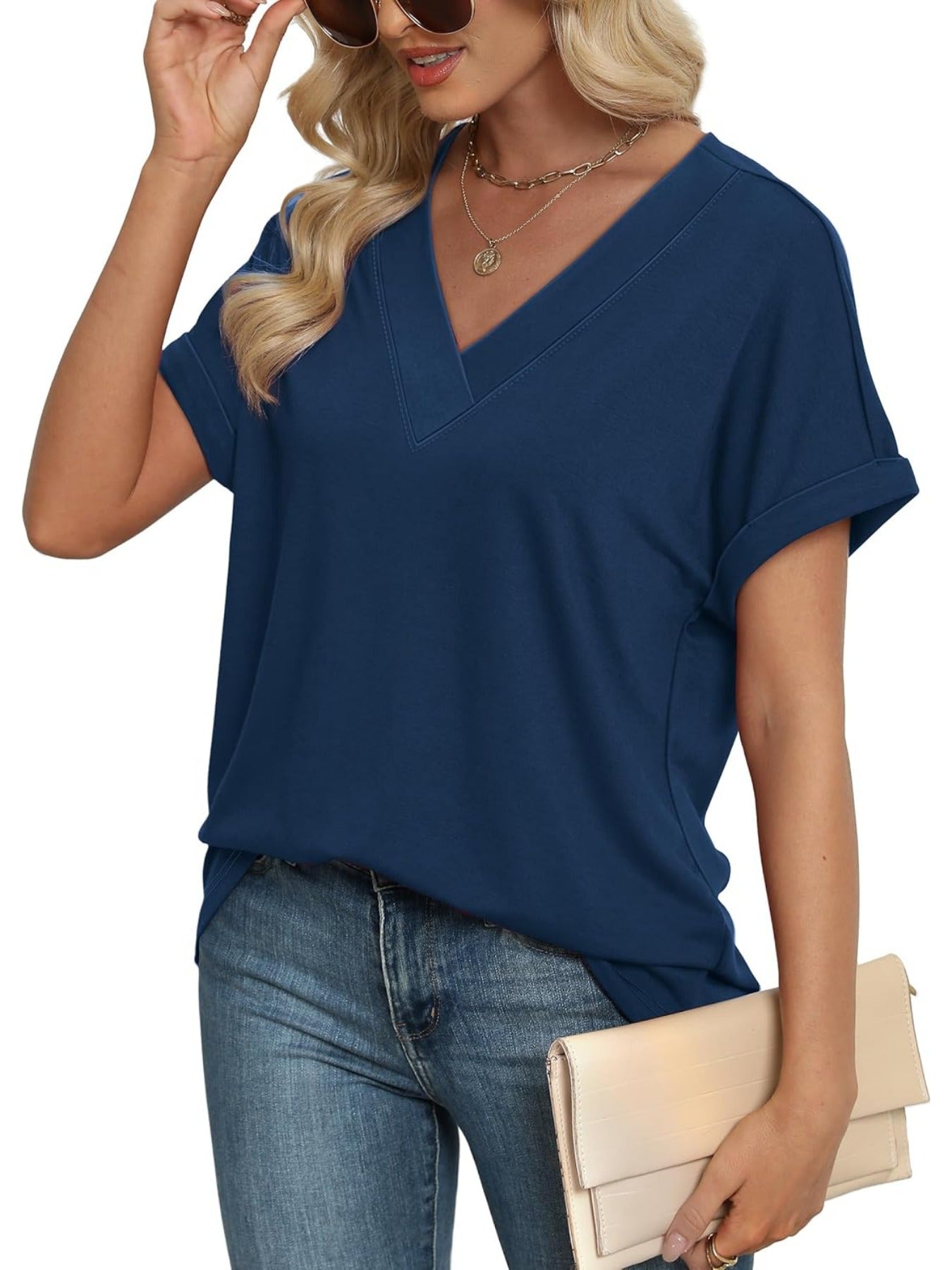 Solid Color V Neck Short Dolman Sleeve Shirts