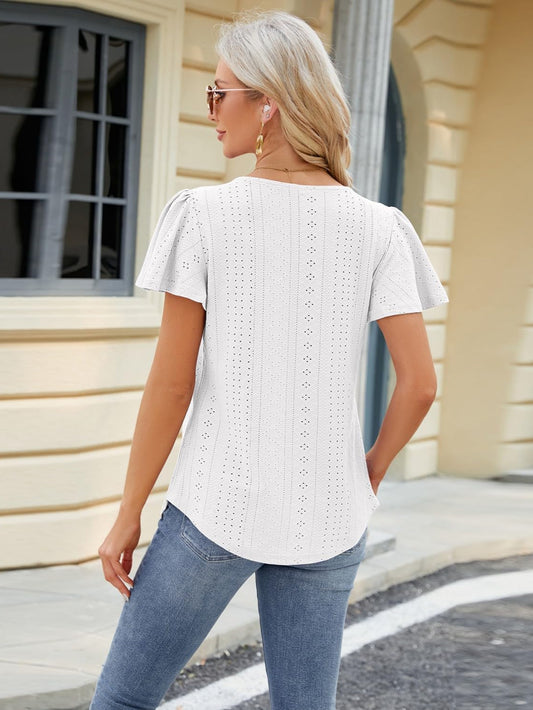 Pleated Hollowed Out Square Neck Short Sleeve T-Shirt