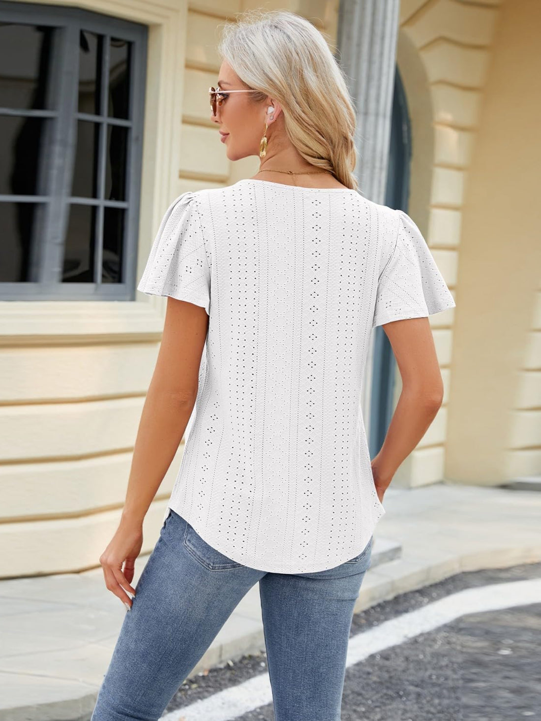 Pleated Hollowed Out Square Neck Short Sleeve T-Shirt