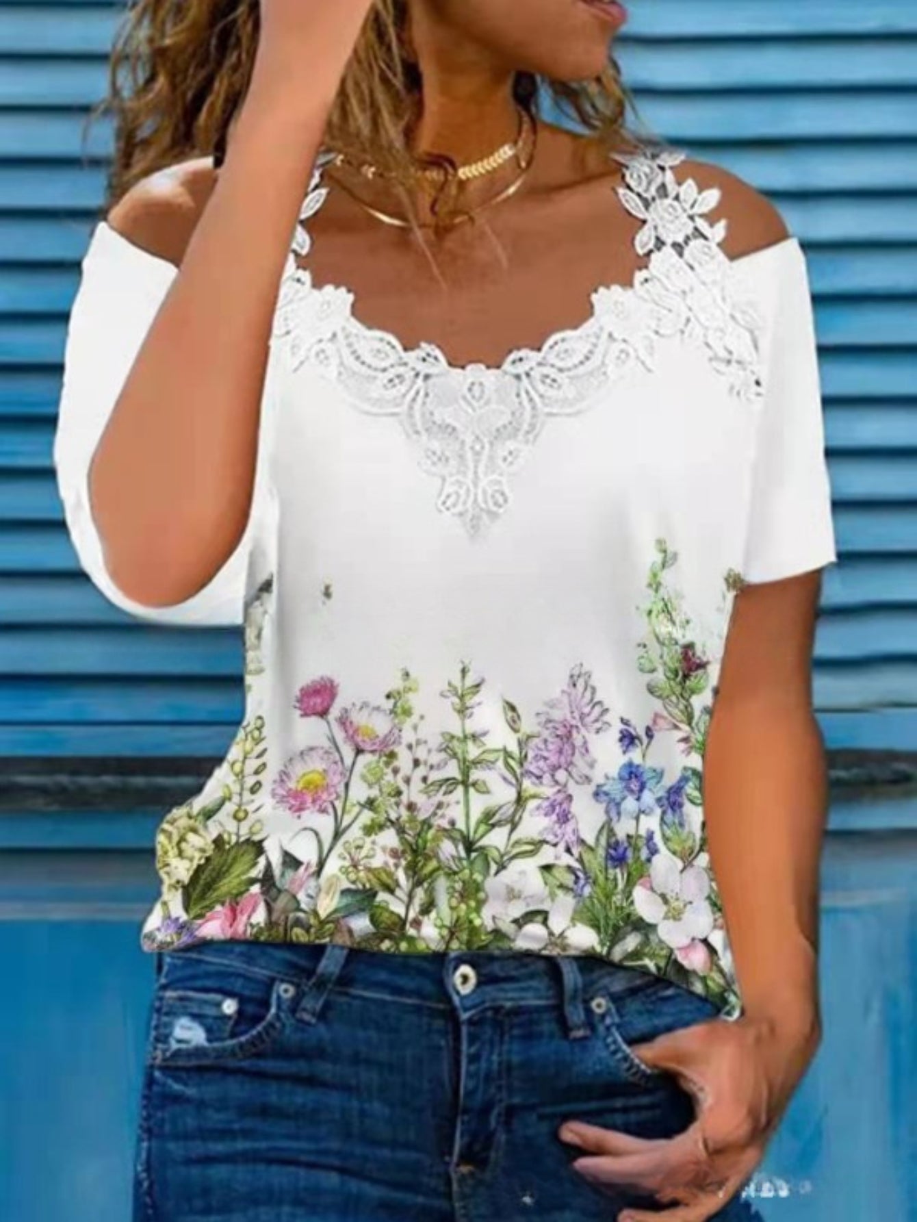 Solid Stitching Floral Print Short Sleeve Top, Casual Everyday T-Shirt