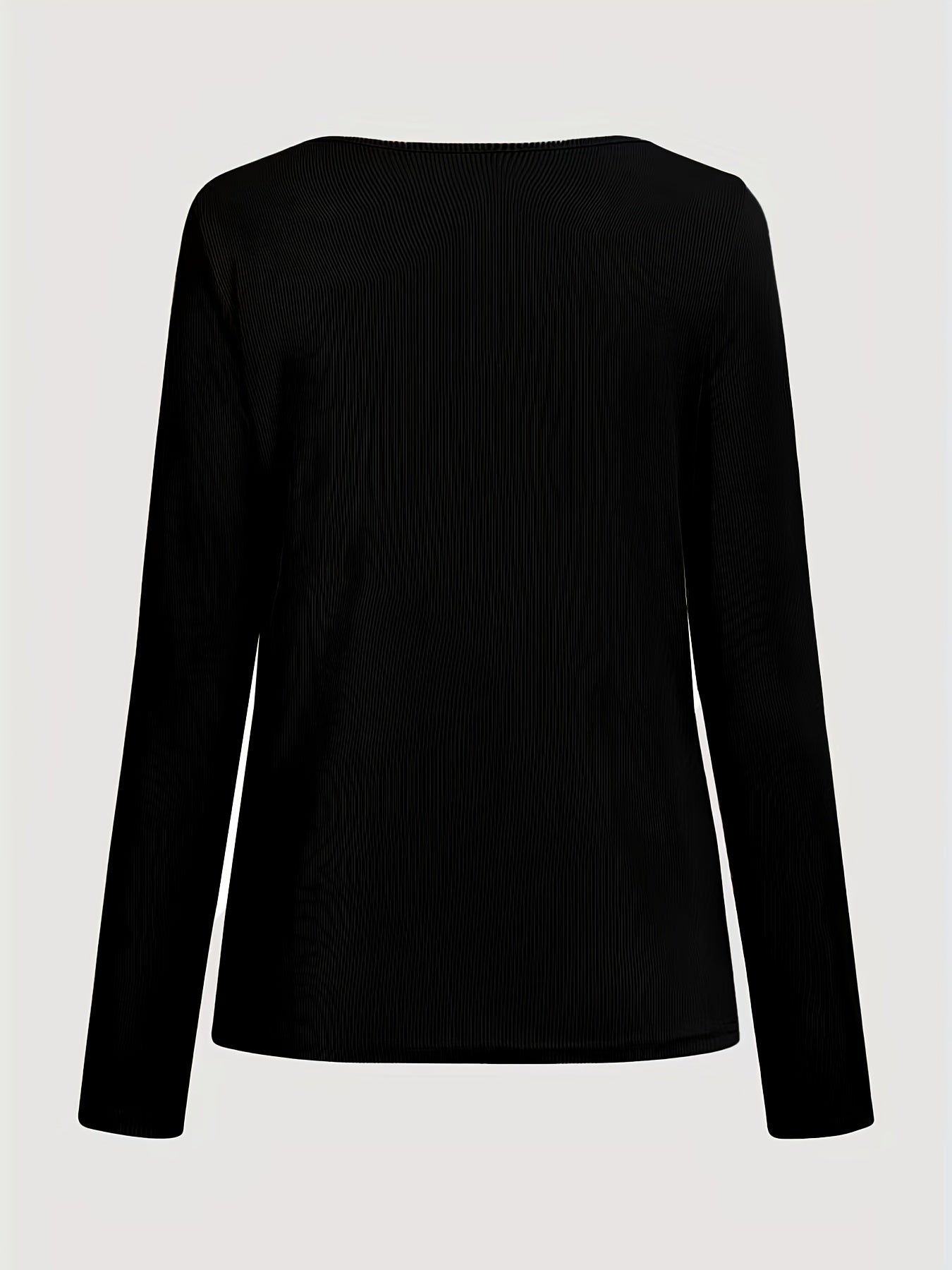Solid Ribbed Zipper Front T-Shirt, Casual Long Sleeve T-Shirt