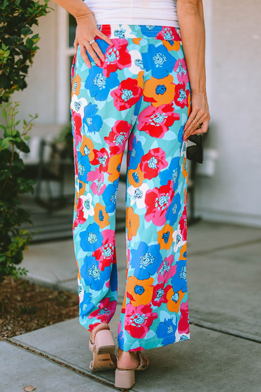 Multicolor Abstract Floral Print Drawstring Wide Waistband Pants
