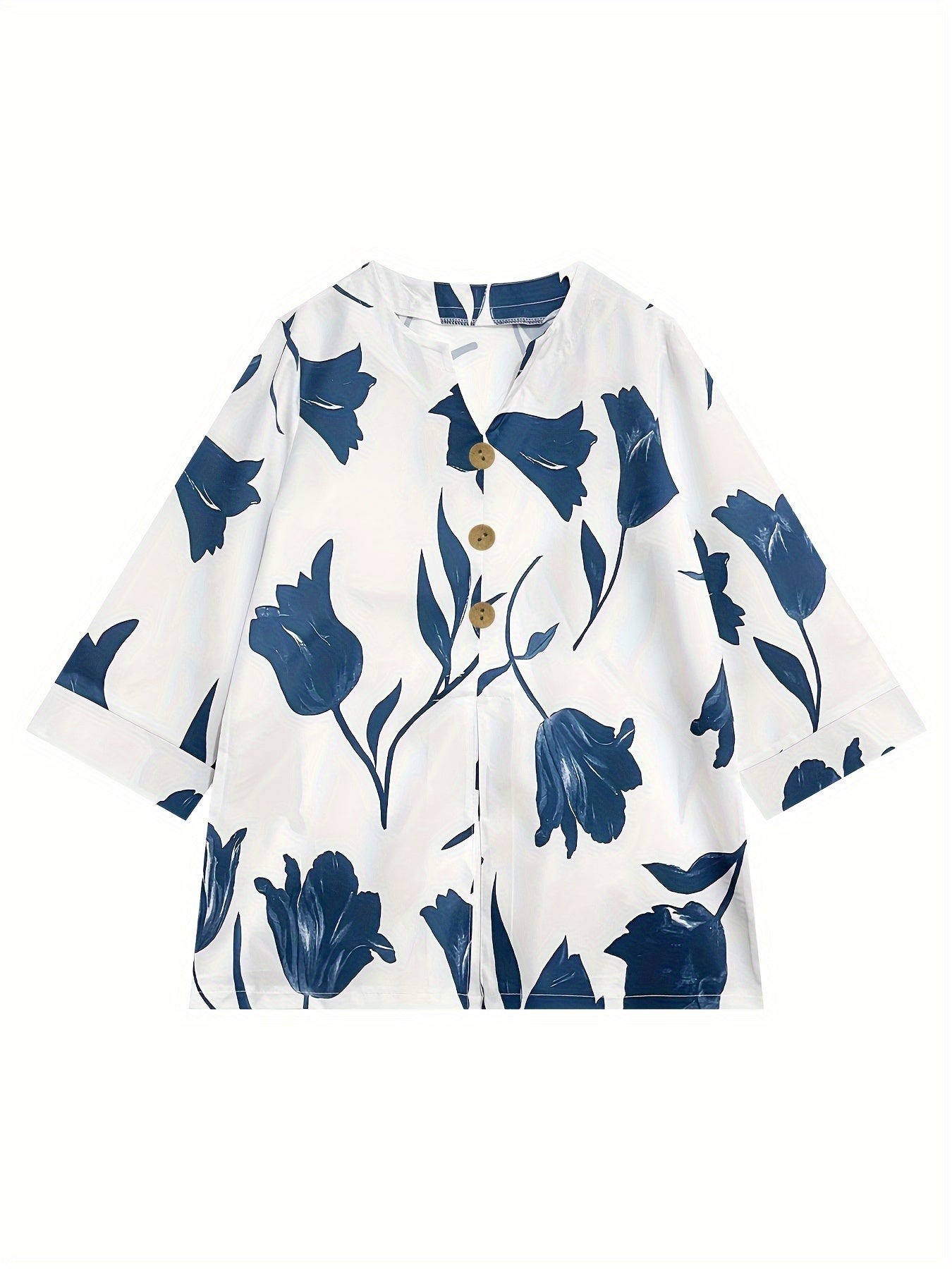 Floral Print Button Decor Blouse, Casual Notched Neck Top