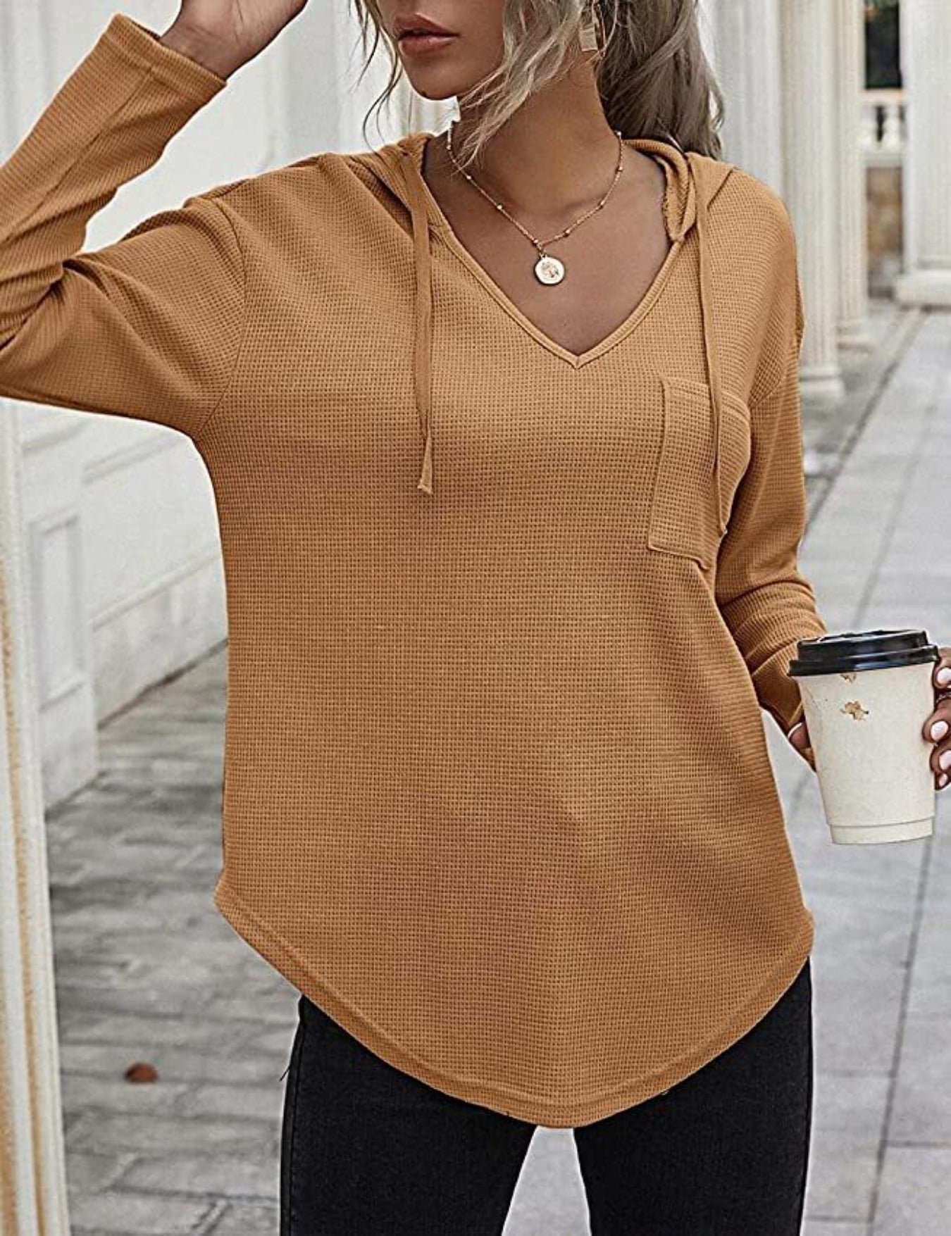 Drawstring Solid Waffle Hoodies, Casual V Neck Long Sleeve Sweatshirt With Pocket