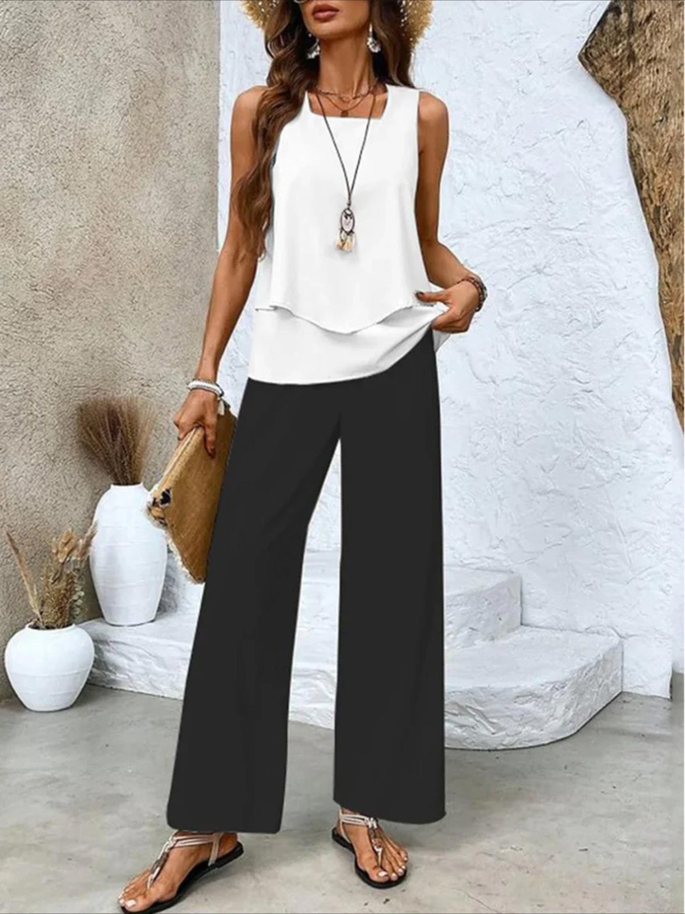 Crew Neck Sleeveless Layered Tank Top & Wide Leg Pants