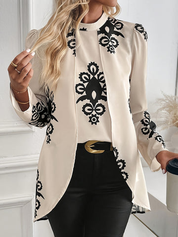 Women's Printed Collar Shirt, Elegant Long Sleeve Blouse