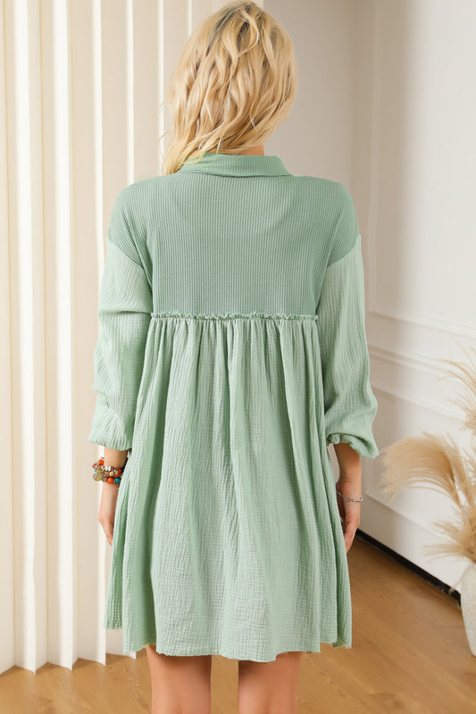 Green Patchwork Crinkle Puff Sleeve Shirt Dress