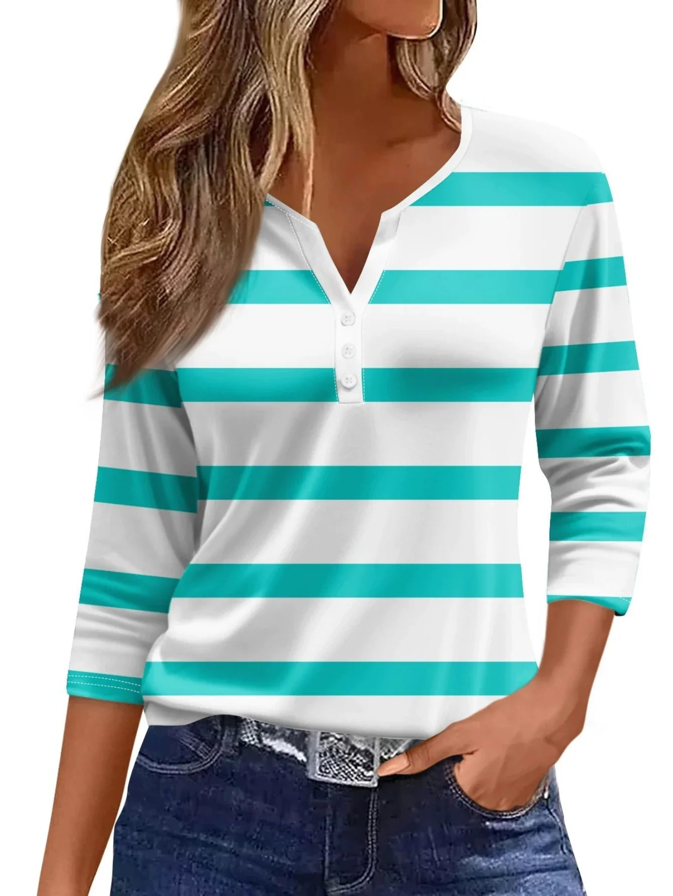 Women's V-Neck Striped T-Shirt - Soft Knit Polyester, Three Quarter Sleeve